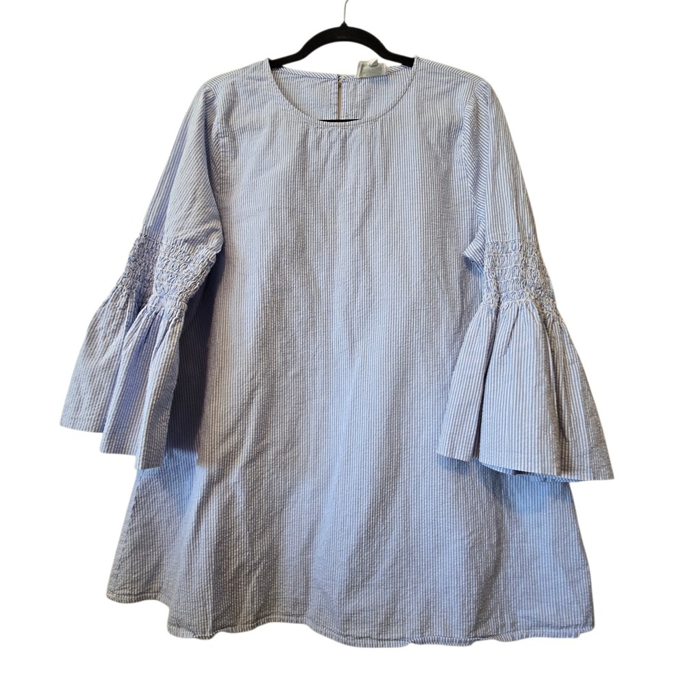 Simply Anotah Striped Seersucker Blouse Top Women's XL Blue Bell Sleeves Beach‎